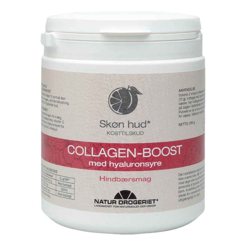 Se Natur Drogeriet Collagen-Boost M. Hyaluronsyre Hindbærsmag (350 g) hos Well.dk
