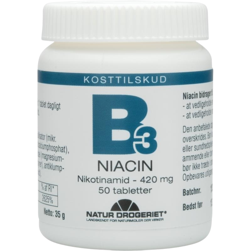 Se Natur Drogeriet Gold Niacin (Nikotinamid) 420 mg (50 tabl) hos Well.dk