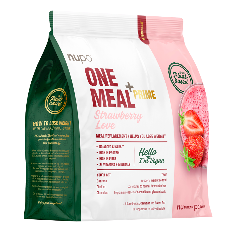 Se Nupo One Meal +Prime Strawberry Love Vegan (360 g) hos Well.dk