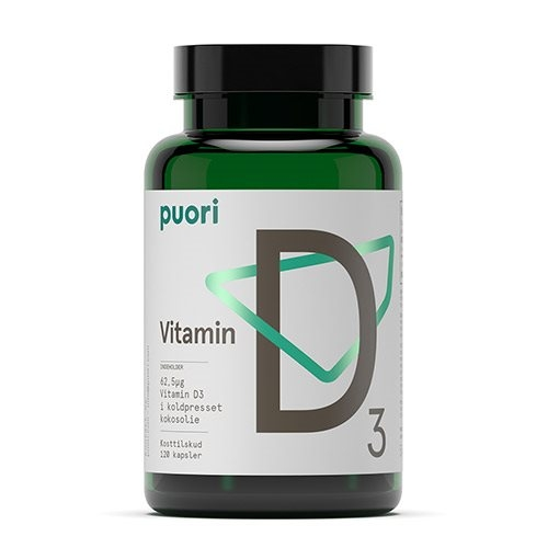 Se Puori Vitamin D3 med Kokosolie - 62,5 µg (120 kapsler) hos Well.dk