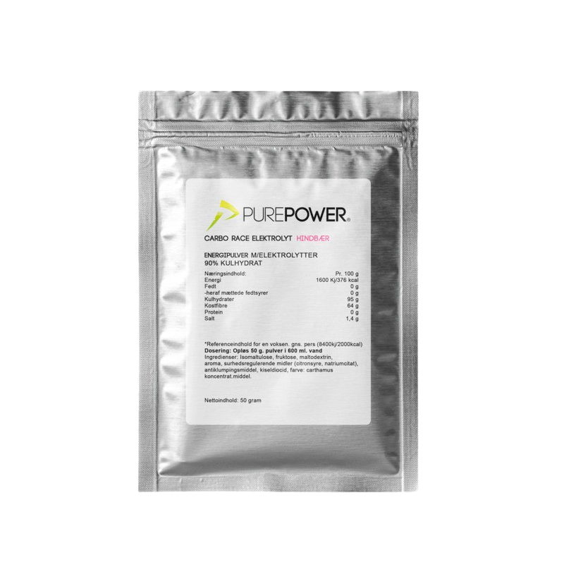 Se PurePower Carbo Race Electrolyte Raspberry (50 g) hos Well.dk